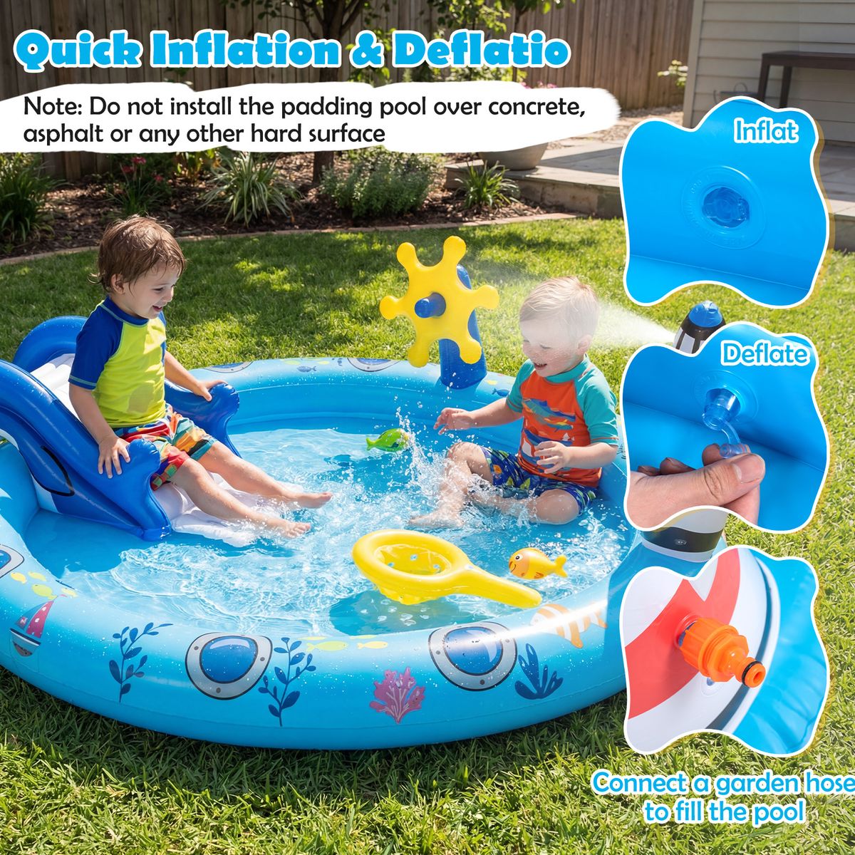 Piscine gonflable pour enfants Coast - Espace de jeux aquatiques sur le thème de la mer - Toboggan en forme de requin et jet d'eau - Multicolore 188 x 153 x 63 cm
