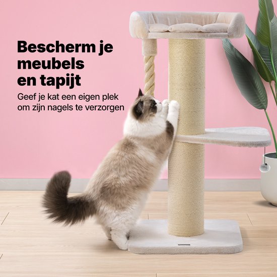 Jake et Jacky : Arbre à chat pour grands chats avec panier - Avec corde à jouer - Avec marchepied - Naturel/Crème - 57 x 57 x 121 cm - Ø de l'arbre à chat : 20 cm