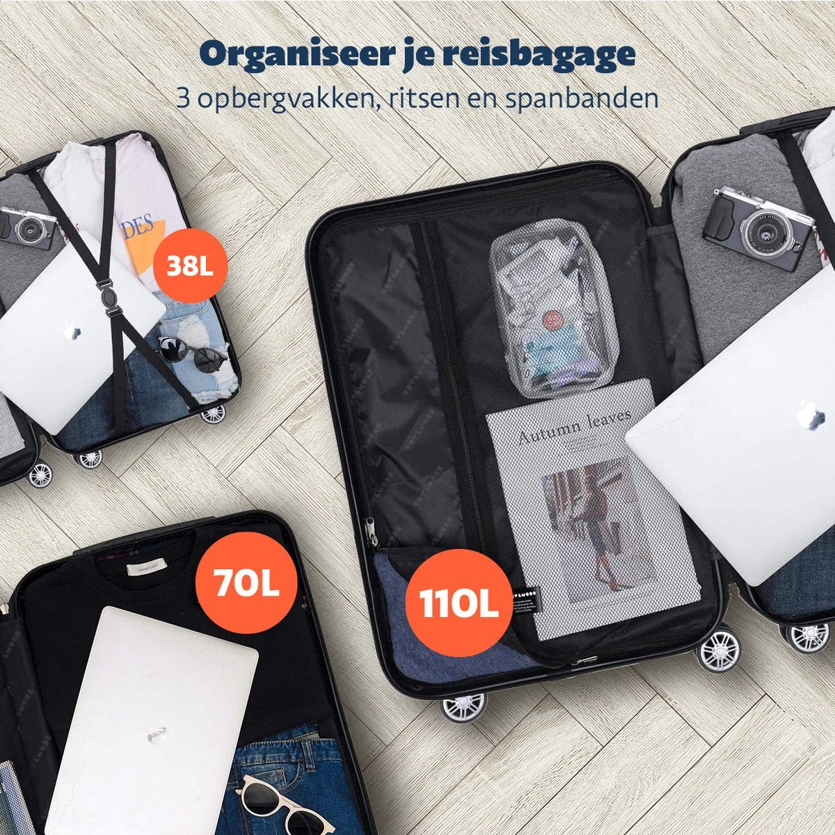 Set de valises TRVLMORE - 3 pièces - 38L + 70L + 110L - Gris foncé