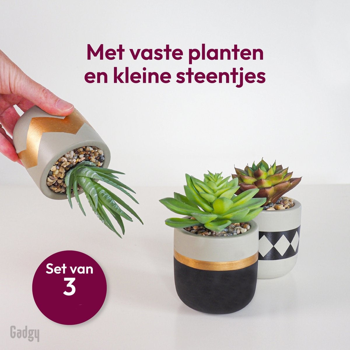Gadgy Plantes Artificielles d'Intérieur - 3 pièces - Plantes de lard artificielles en pot de pierre - Fausses plantes - 13 à 16 cm