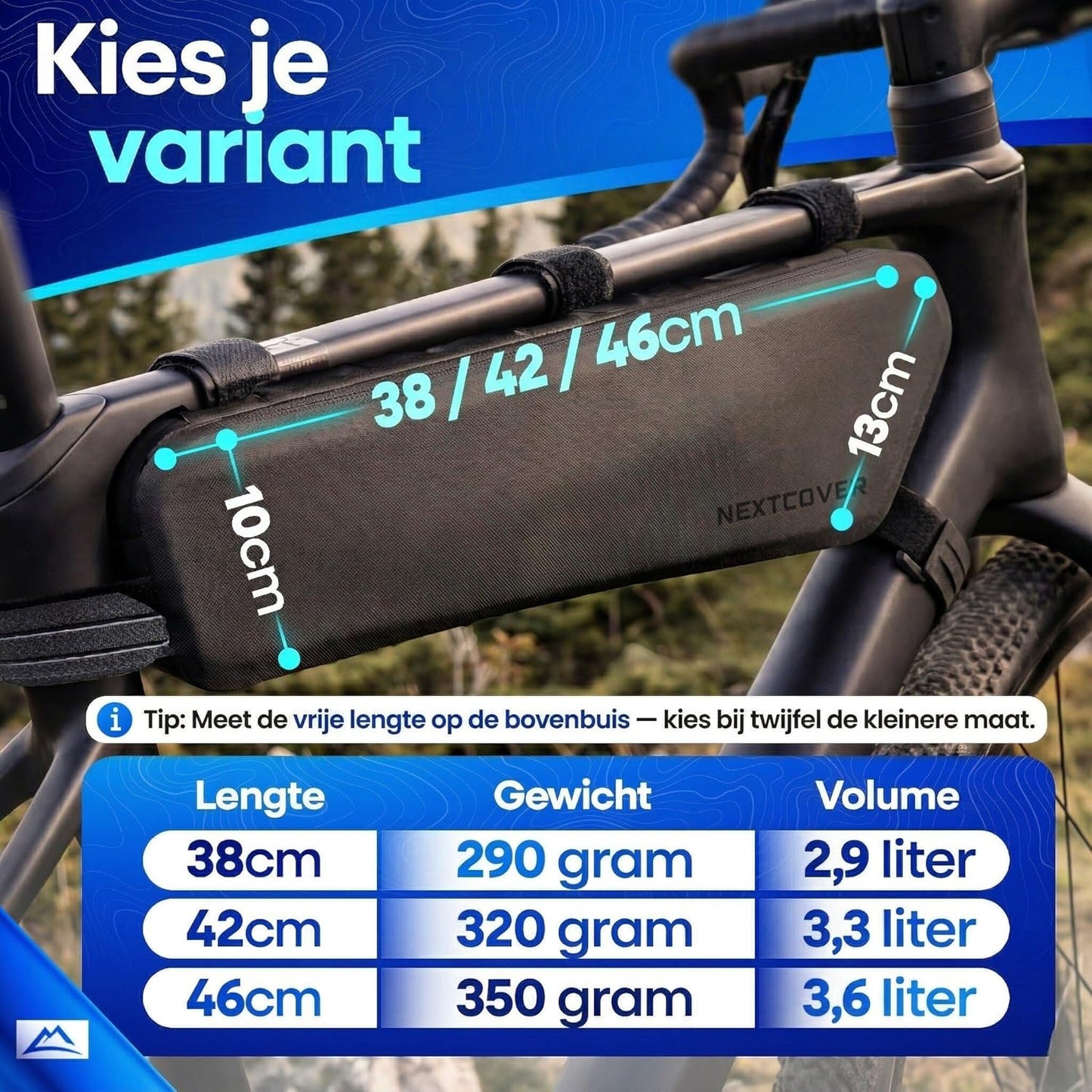 Sac de cadre Nextcover Bikepacking - 38 cm - Noir - 3 litres - TPU 100 % imperméable - Sac de cadre pour vélo de gravel, vélo de course et VTT