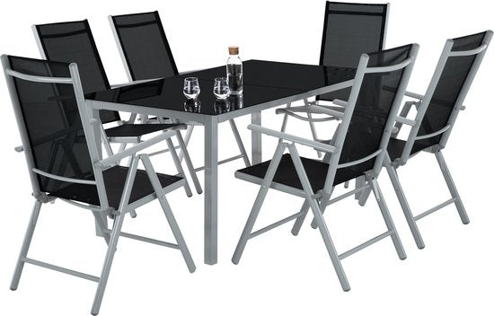 tectake® seat set aluminium folding chairs, lounge set with 6x chairs and 1x glass table dining table, garden furniture set weatherproof for balcony, garden chairs, patio furniture, lounger - silver