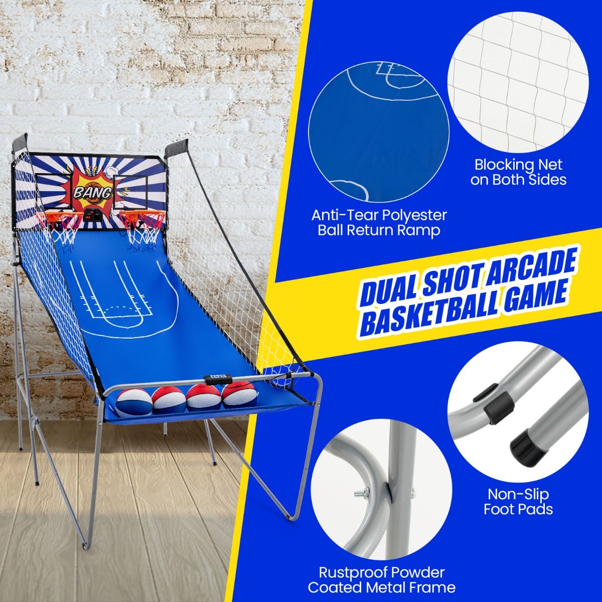 Cerceau de basket-ball pliable Coast - 206x110x206 cm - Bleu - 4 ballons + pompe gonflable + système de score électronique pour 1-4 joueurs