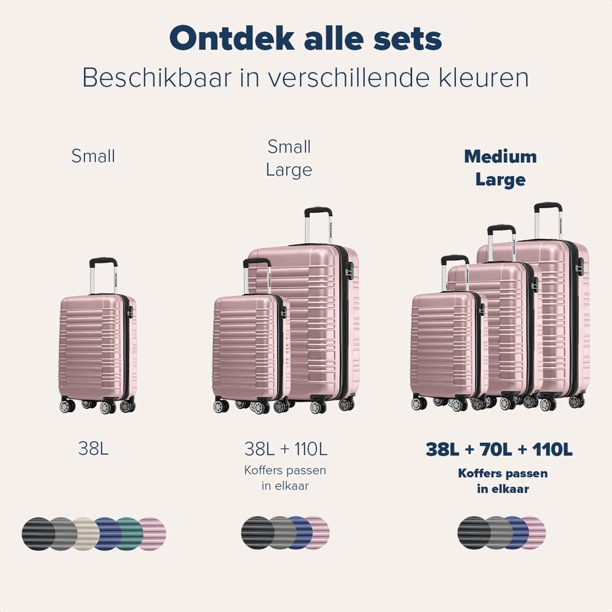 TRVLMORE Set de valises - 3 pièces - 38L (bagage à main) + 70L + 110L - Rose Gold
