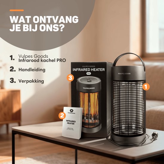 Vulpes Goods® Tech - Chauffage infrarouge - Réchaud électrique - Réchaud infrarouge - Chauffage d'appoint intérieur et extérieur - 1200W - Rotation 120°/360° - 2 niveaux de chaleur - Compact et portable - Silencieux - Résistant à l'eau IPX4 - Noir