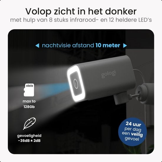 Gologi Premium Outdoor Camera - Caméra extérieure avec vision nocturne - Caméra de sécurité - Caméra de sécurité - 4MP - Caméra IP - Détection de son et de mouvement - Avec câble - Avec Wifi et App - Blanc