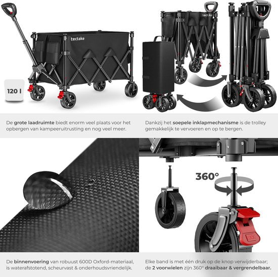Chariot tectake® - Pliable - Capacité de charge de 80 kg - Roues pivotantes massives avec frein - 45 x 88 x 95 cm - Chariots de transport - Chariot à main - Avec poignée réglable - Chariot à main - Chariot de transport hydrofuge - Avec tablette et compart