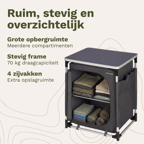 TRVLMORE Meuble de camping - Cuisine de camping - Capacité de charge de 70 kg - Structure en aluminium - Pliable - Sac de transport inclus - 50 x 60 x 72 cm - Gris
