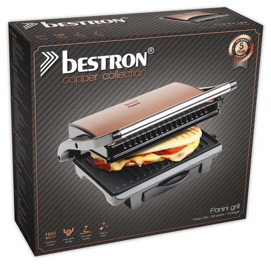 Grill de table Bestron - ASW113CO - 1 000 W - Appareil à croque-monsieur - Surface de cuisson 25 x 17 cm - Cuivre - Garantie 5 ans