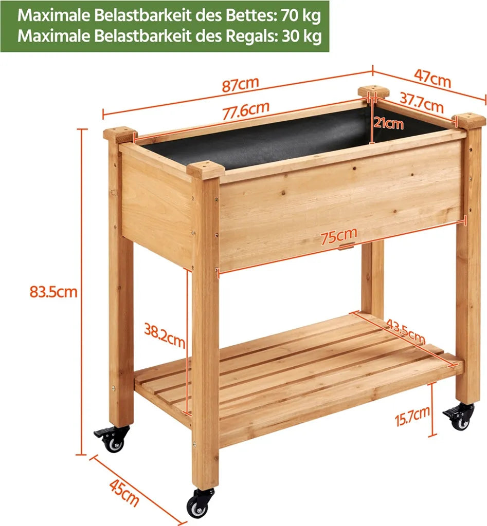 Yaheetech : bac à plantes surélevé à roulettes 87 x 47 x 83,5 cm - Marron clair - Bac de culture en bois avec étagère de rangement