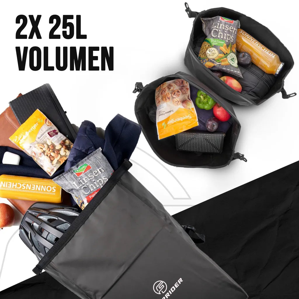 Sacoche double pour vélo 2x25L - Imperméable - Attache Quicksafe - Avec bandoulière