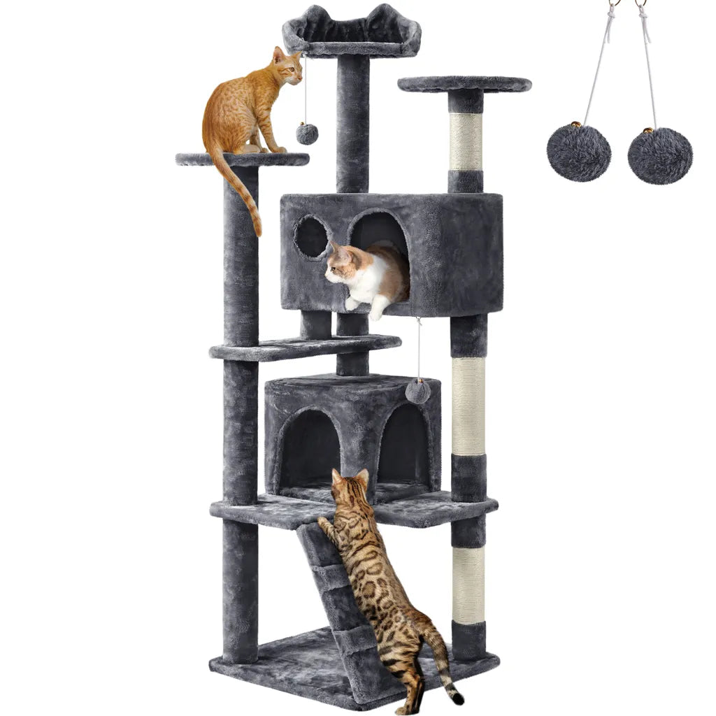 Yaheetech Scratch Post Dark Grey - 158 cm de haut - avec 3 plateformes d'observation et 2 maisons pour chats