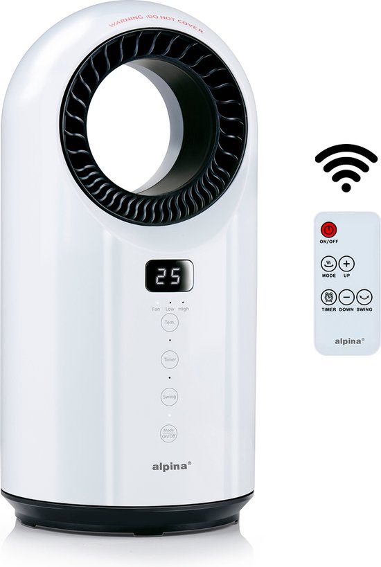 alpina Radiateur électrique et ventilateur 1500W - Radiateur céramique avec minuterie et télécommande - Radiateur oscillant avec fonction de refroidissement et de chauffage - 18 x 18 x 37cm