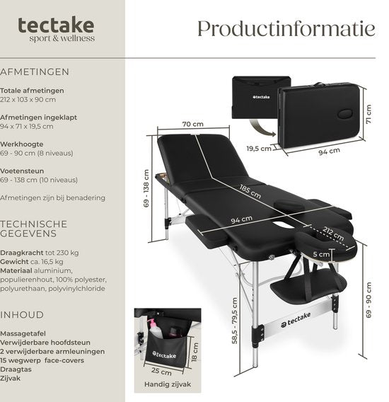 tectake® Table de massage à 3 zones - 70cm de large - Banc de traitement avec rembourrage de 5cm d'épaisseur et cadre en aluminium - 15 lingettes pour appui-tête et sac de transport inclus - Capacité de charge maximale de 230kg - Noir