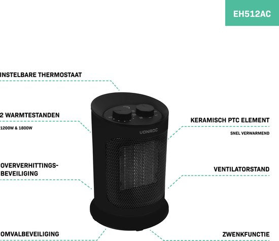 VONROC Radiateur électrique - radiateur soufflant - 1200W/1800W - céramique - 3 réglages - thermostat - fonction swing - 20m2