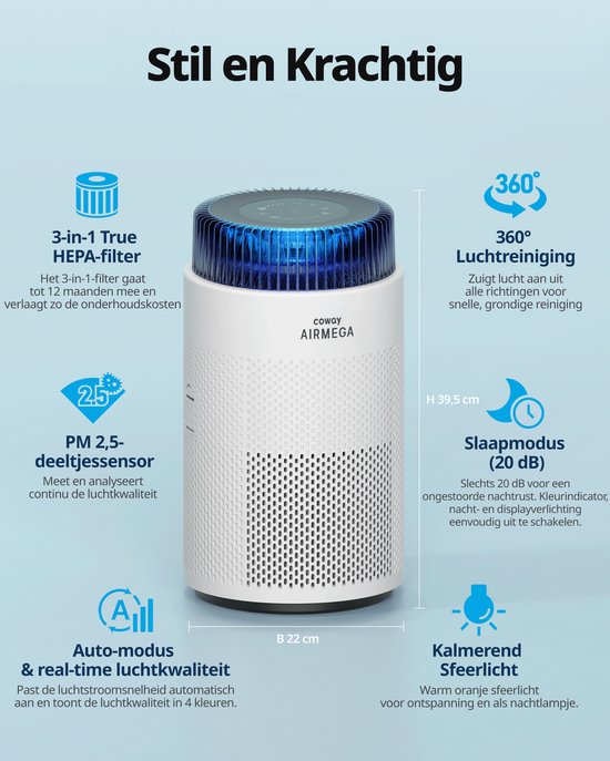 Purificateur d'air Coway Airmega 100 - Pour des pièces jusqu'à 63 m² - Filtre HEPA + filtre à charbon - 244 m³/h - Contre la poussière, le pollen et les allergènes - Silencieux (20 dB) - Certifié ECARF - Purificateur d'air -