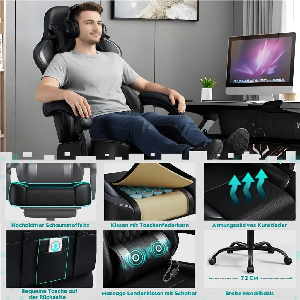 Yaheetech Gaming Chair 72 × 72 × 124.5-134 cm - Noir - Chaise de jeu ergonomique avec fonction de massage, repose-pieds et hauteur réglable