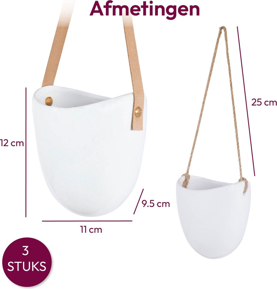 Gadgy Plant Hanger Ceramic - Set of 3 - White Stone - Pot de fleurs suspendu - avec 3 cordons différents - 12 x 11 x 9.5 cm