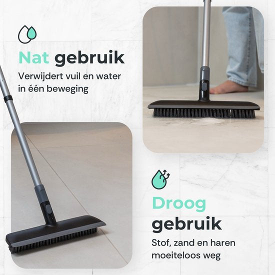 CLEANLY Brosse à récurer et raclette de sol avec manche - Brosse de nettoyage - Brosse à récurer avec manche - Brosse à récurer - Raclette - Réglable 116-144 cm - Largeur 30.5 cm - Noir, Gris