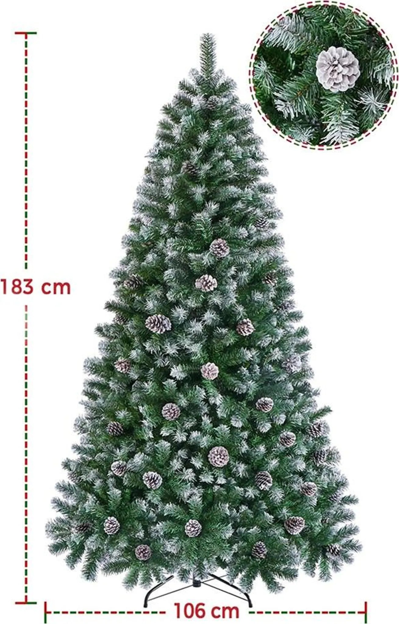 Yaheetech Arbre de Noël artificiel enneigé - 183 cm - avec 920 branches et pommes de pin naturelles et support métallique pliable - pour l'intérieur et l'extérieur - PVC vert et métal - 106 x 106 x 183 cm