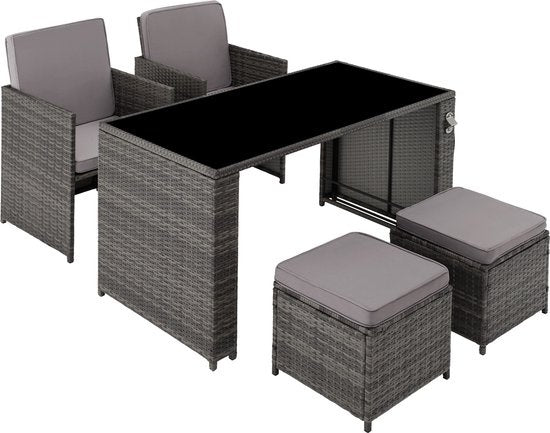 tectake® - ensemble de sièges en osier, salon de jardin 5 pièces avec table, fauteuil et tabouret, ensemble de salle à manger pour 4 personnes, meubles de jardin et de balcon avec coussins - gris - poly-rattan
