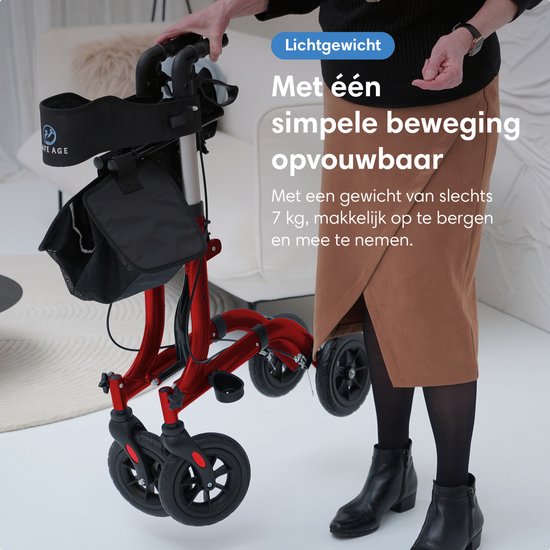 Safe Life® Rollator léger et pliable - fonction assise - pour l'intérieur et l'extérieur - dossier et support de canne - Rouge