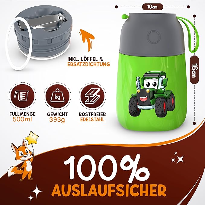 Funkelfuchs® Thermo cup pour aliments pour enfants - 500ml, green trigger - 100% étanche - chauffe aliments en acier inoxydable - thermo cup food - thermo lunch box kids - baby food warmer