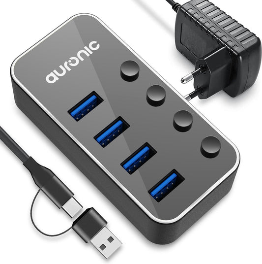 Auronic USB Hub 3.0 - Répartiteur USB avec 4 ports - avec alimentation - 5 GBP - Indication LED - Noir