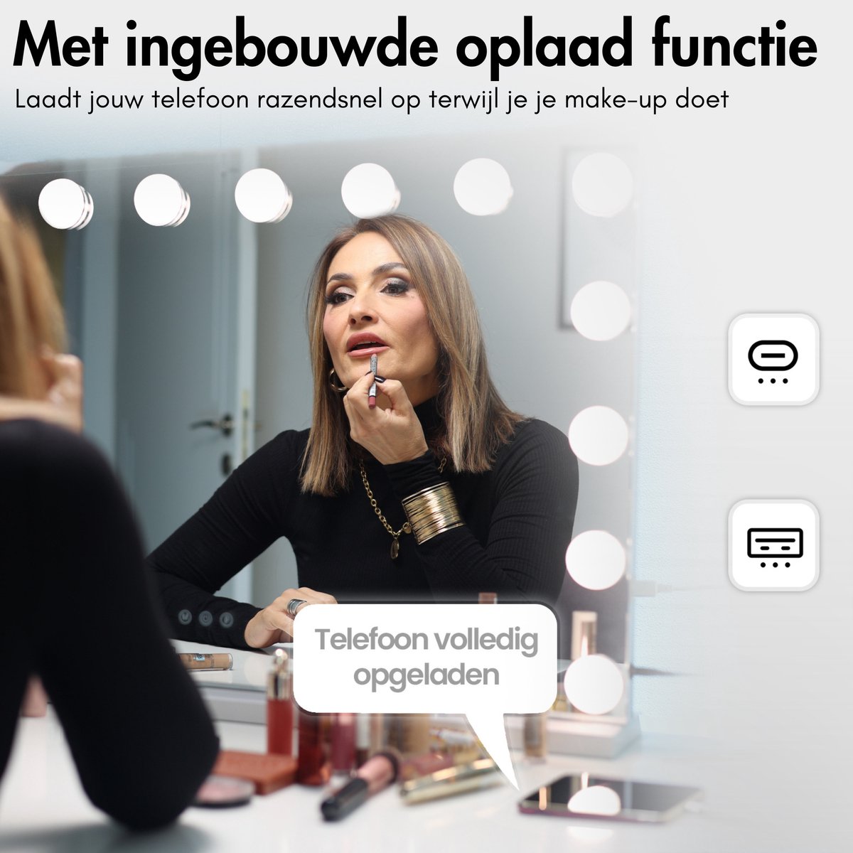 Sansbeauté® Hollywood Mirror 58x43 cm - Miroir de maquillage - 15 lampes LED - grossissement 10x - dimmable - port de charge USB - Touch Control - noir