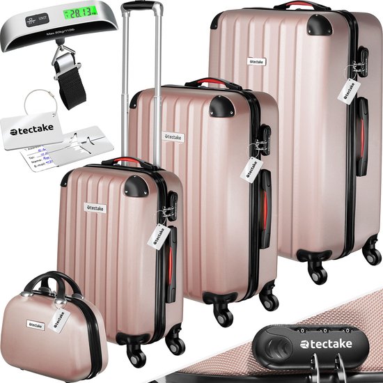 tectake® - Coffret de voyage 4 pièces comprenant valise trolley et pèse-bagages, roues 360°, valise rigide avec serrure à combinaison, grande valise, empilable, valise à main trolley - rosegold