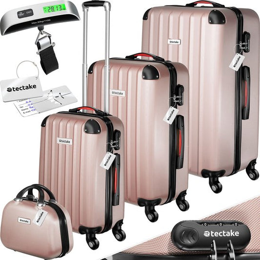 tectake® - Coffret de voyage 4 pièces comprenant valise trolley et pèse-bagages, roues 360°, valise rigide avec serrure à combinaison, grande valise, empilable, valise à main trolley - rosegold