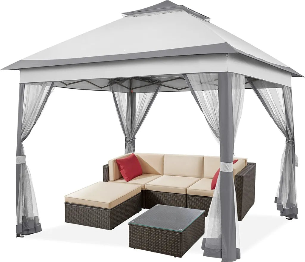 Tente de fête pliable Yaheetech 330 x 330 cm - Gris clair/Gris foncé - Pavillon de jardin pliable avec double toit et 4 parois latérales en filet