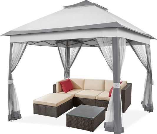 Tente de fête pliable Yaheetech 330 x 330 cm - Gris clair/Gris foncé - Pavillon de jardin pliable avec double toit et 4 parois latérales en filet