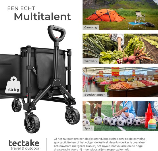 Chariot tectake® - Pliable - Capacité de charge de 60 kg - Roues pivotantes massives - 47 x 83 x 90 cm - Chariots de transport - Chariot à main - Avec poignée télescopique - Chariot à main - Chariot de transport hydrofuge - Avec tablette et compartiment i