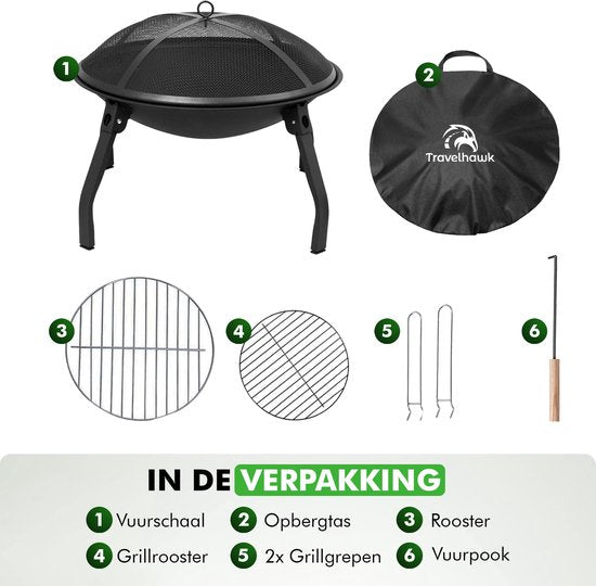 Brûle-parfum Travelhawk - Brûle-parfum d'extérieur portable et pliable - Brasero barbecue - Avec pare-étincelles - Charbon ou bois - Diamètre de 55 cm - Couvercle, sac de rangement, tisonnier et grille de cuisson inclus
