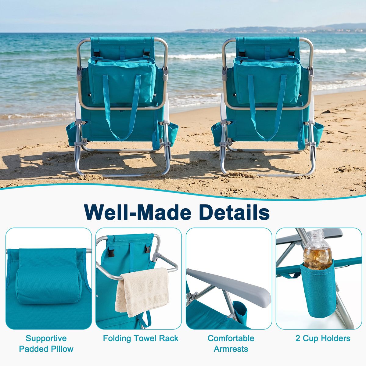 Ensemble de 2 chaises de plage Coast - pliables, avec dossier et appui-tête réglables - turquoise