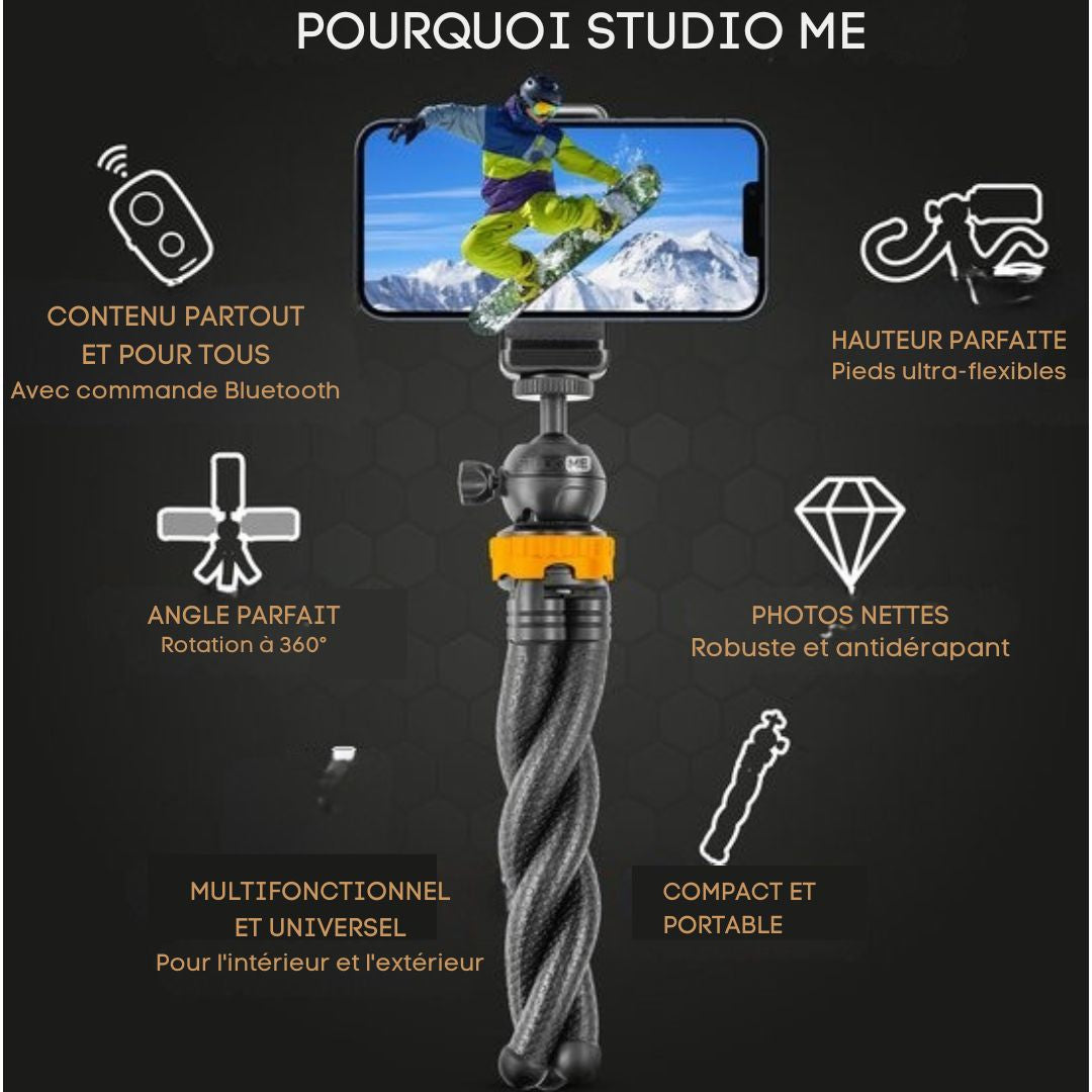 Trépied pour téléphone Studio ME - 25 cm - Flexible - pour appareil photo - Noir - Gorillapod - Support - Télécommande Bluetooth incluse