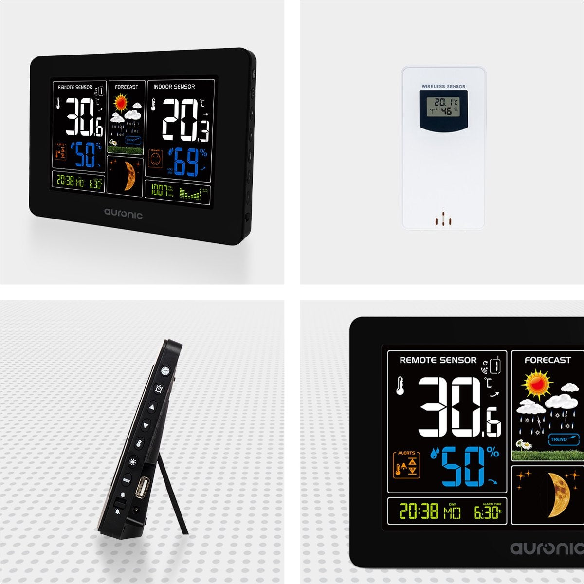 Station météo - Auronic - Sans fil - Intérieur et extérieur - avec capteur - Portée 60M - Noir