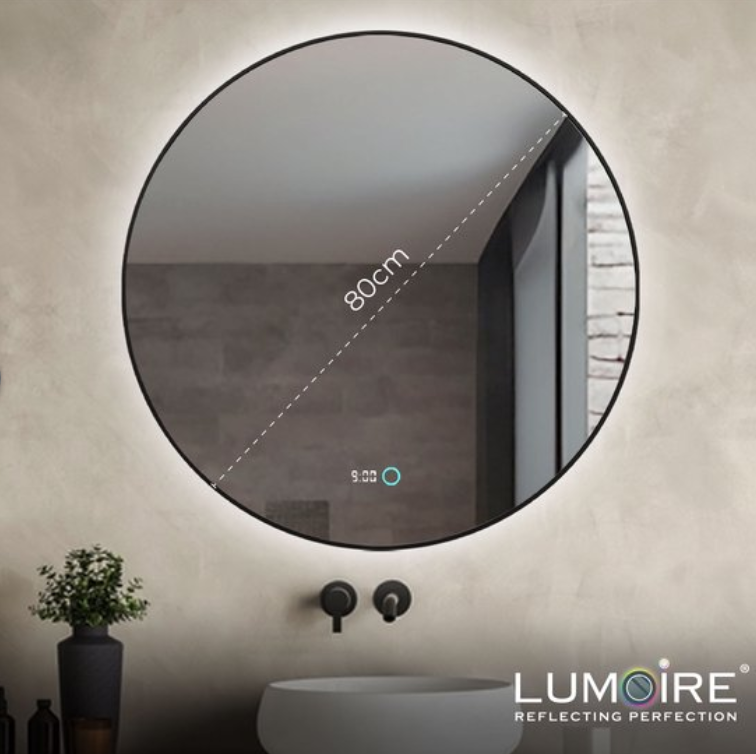 Miroir Lumoire Neon 8000 avec éclairage - Bord noir - Ø 80 cm - Rond, anti-buée, en forme d'horloge