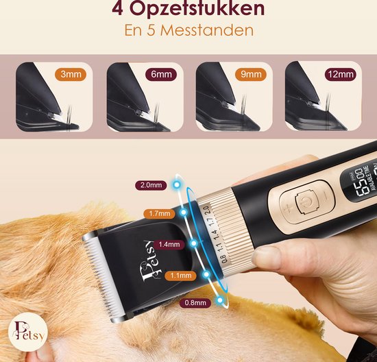Tondeuse professionnelle pour chiens Petsy - Tondeuse 2-en-1 pour animaux à poil épais - Silencieuse - Tondeuse pour chiens et chats - Tondeuse pour chiens - Station de recharge incluse