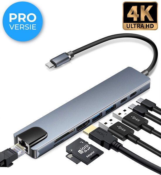 Nuvance - Hub USB C 3.0 - 8 ports - Répartiteur USB avec Ethernet - USB C vers HDMI - Hub USB 3.0 - Station d'accueil ordinateur portable - Lecteur de carte micro SD - HDMI 4K - Gris