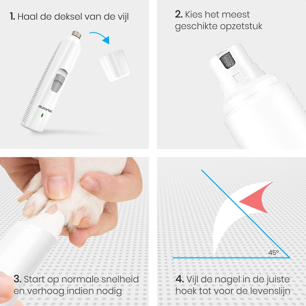 Auronic lime à ongles électrique - pour animaux - rechargeable - sans fil - tête de lime en diamant - chiens/chats - blanc