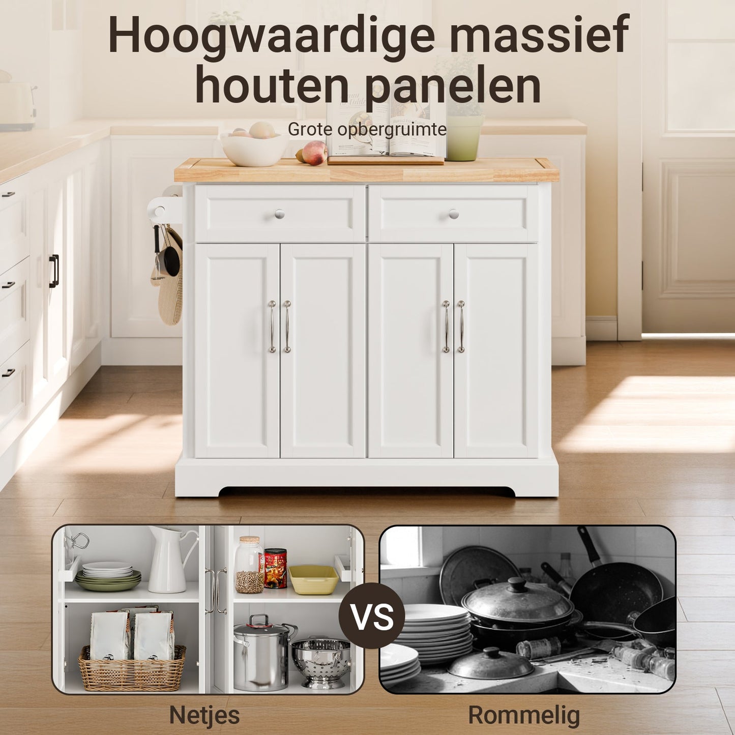 SoBuy FKW71-WN Chariot de cuisine avec plan de travail extensible - Blanc/Naturel - Chariot de service / Îlot de cuisine