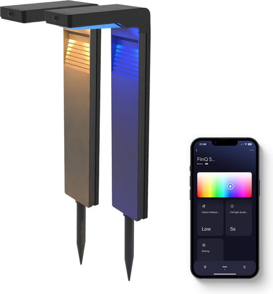FlinQ Gaia - Lumière solaire intelligente pour le jardin - Lumière solaire pour le jardin - Puissance solaire - Lumière blanche et colorée - Détecteur de mouvement - Lot de 2 - Noir