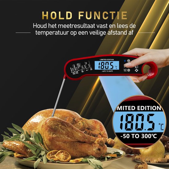 MostEssential Premium Thermomètre à viande - Thermomètre BBQ - Thermomètre à cœur - Thermomètre à sucre - Thermomètre de cuisine - Numérique - Sans fil - Etanche - Rouge