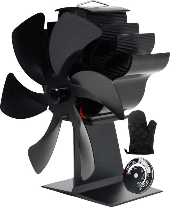 Vulpes Goods® Tech - Ventilateur de poêle à bois - Ventilateur de cheminée - Ecofan - Ventilateur de chaleur - 6 pales - Thermomètre, chiffon et gant inclus - version PRO