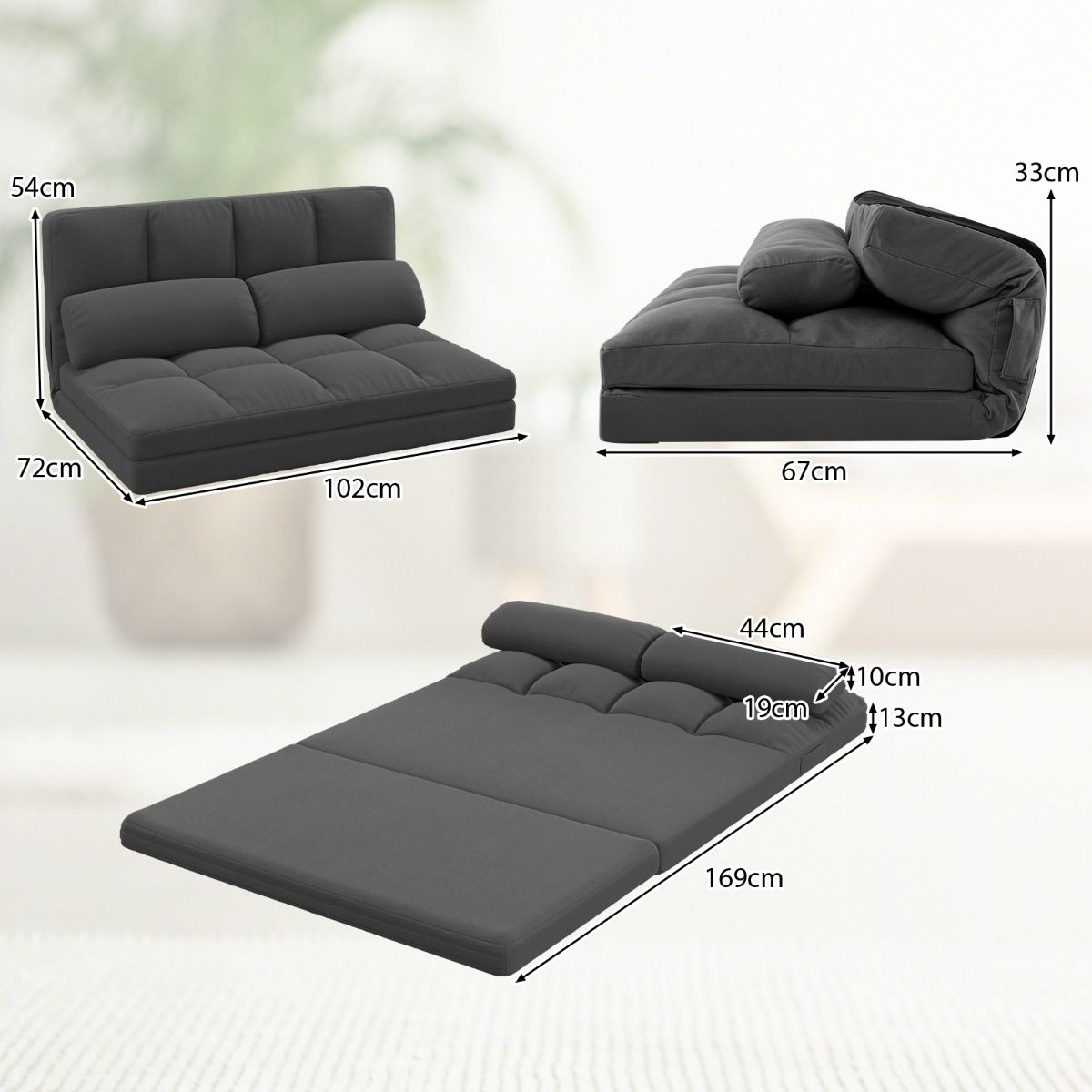 Banquette de sol pliable Coast - Canapé-lit 3 en 1 - Dossier réglable - Gris foncé