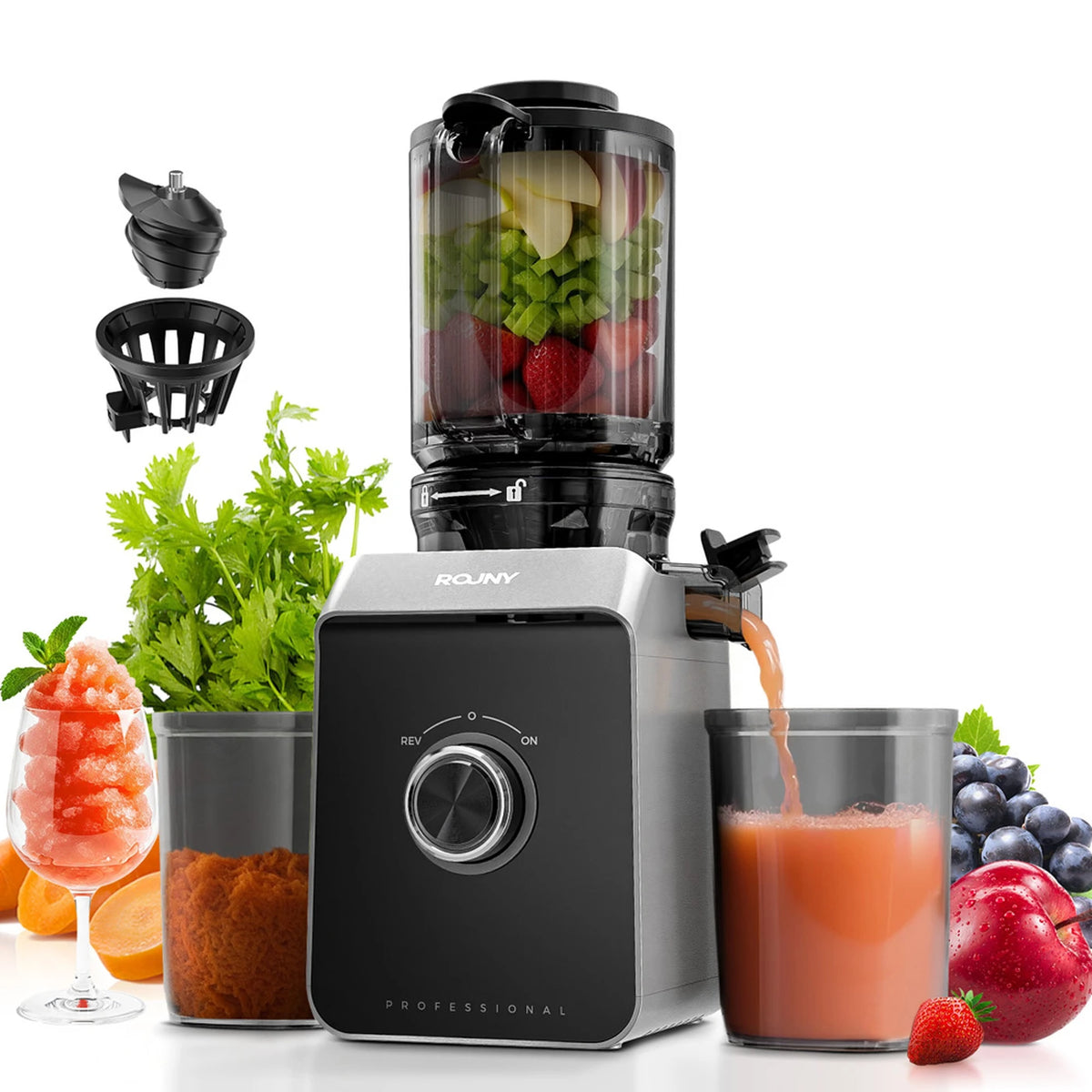 Rouny Slow Juicer FF Pro Max - Centrifugeuse à pression à froid de 150 W - Orifice de remplissage de 130 mm - Sans filtre - Fonction « Fruitijs » - 1,8 L - Noir