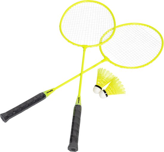 Kit de badminton et de tennis portable 2-en-1 VirtuFit - Jaune - Valise et raquettes incluses - Filet réglable - Convient également pour le volley-ball et le football - Kit complet - Raquettes de badminton - Kit de badminton - Volants de badminton