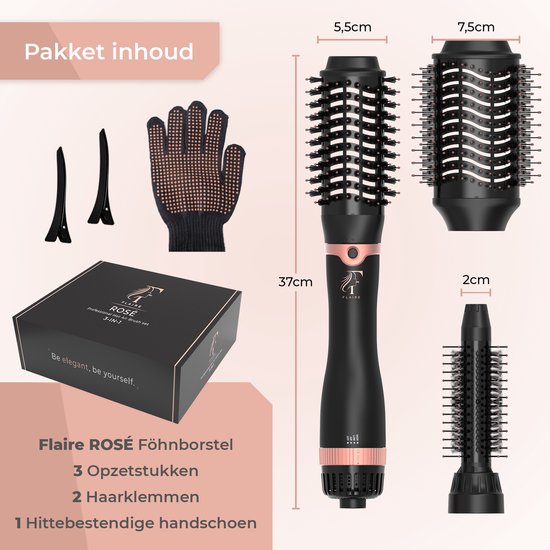 Flaire ROSÉ Brosse sèche-cheveux avec 3 accessoires - Brosse à boucler en céramique - ionique - 1200W - noir